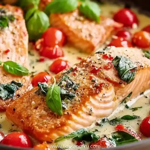 Seared salmon fillets in creamy Tuscan garlic sauce with spinach and cherry tomatoes