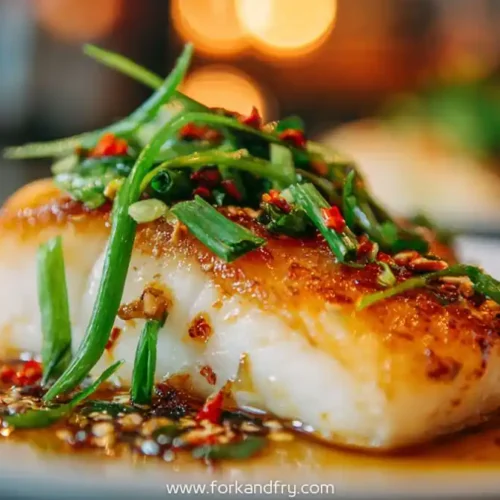 Crispy pan-fried fish fillet topped with scallions, chili, and sesame in soy glaze on a white plate