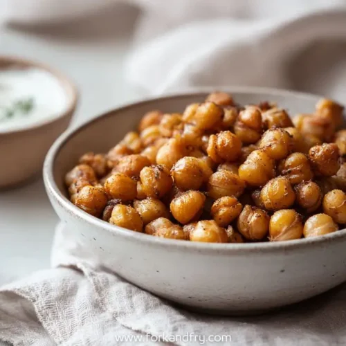 bowl of roasted crunchy chickpeas with mild spices next to a bowl of yogurt dip