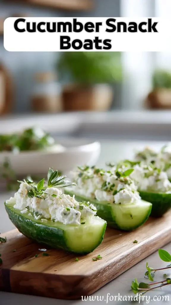 cucumber halves filled with herbed cottage cheese on wooden board with bold text overlay