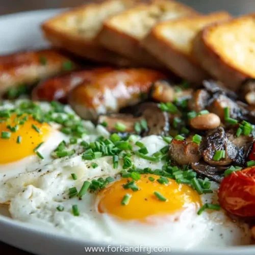full English breakfast with sunny side eggs, sausage, mushrooms, grilled tomatoes, and toast