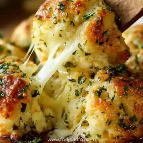 Golden garlic butter cheese bombs with stretchy melted mozzarella and herbs on wooden board