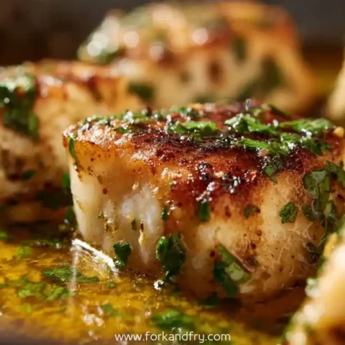 Pan-seared cod fillets in garlic butter sauce with parsley in a skillet