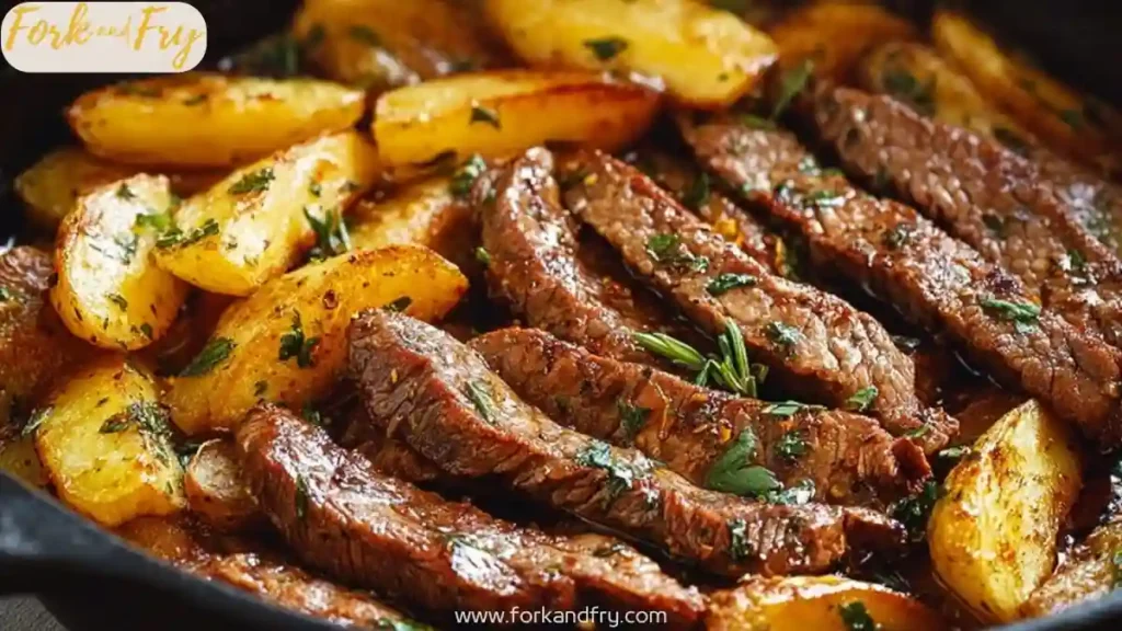Sliced garlic butter steak with golden roasted potato wedges in a cast iron skillet, garnished with herbs