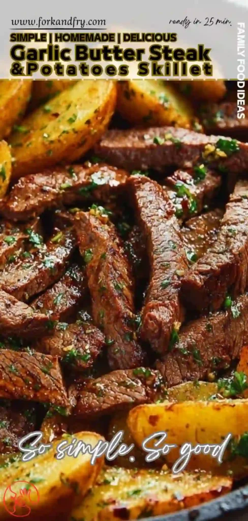 Juicy garlic butter steak strips and crispy golden potatoes in a skillet with fresh parsley