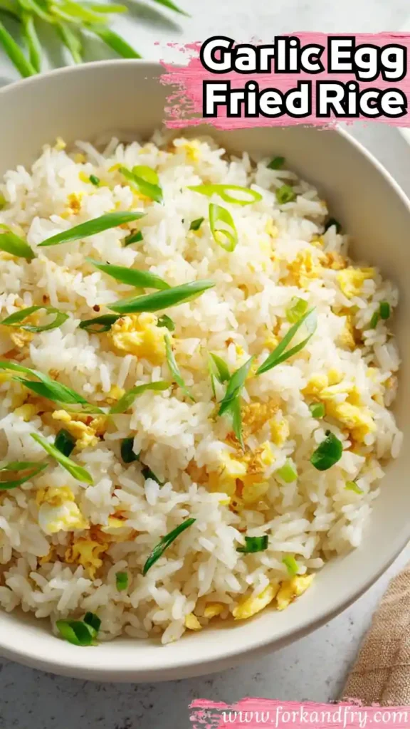 Garlic Egg Fried Rice with Scallions for Flavorful Weeknights Bowl of garlic egg fried rice with scallions styled for Pinterest