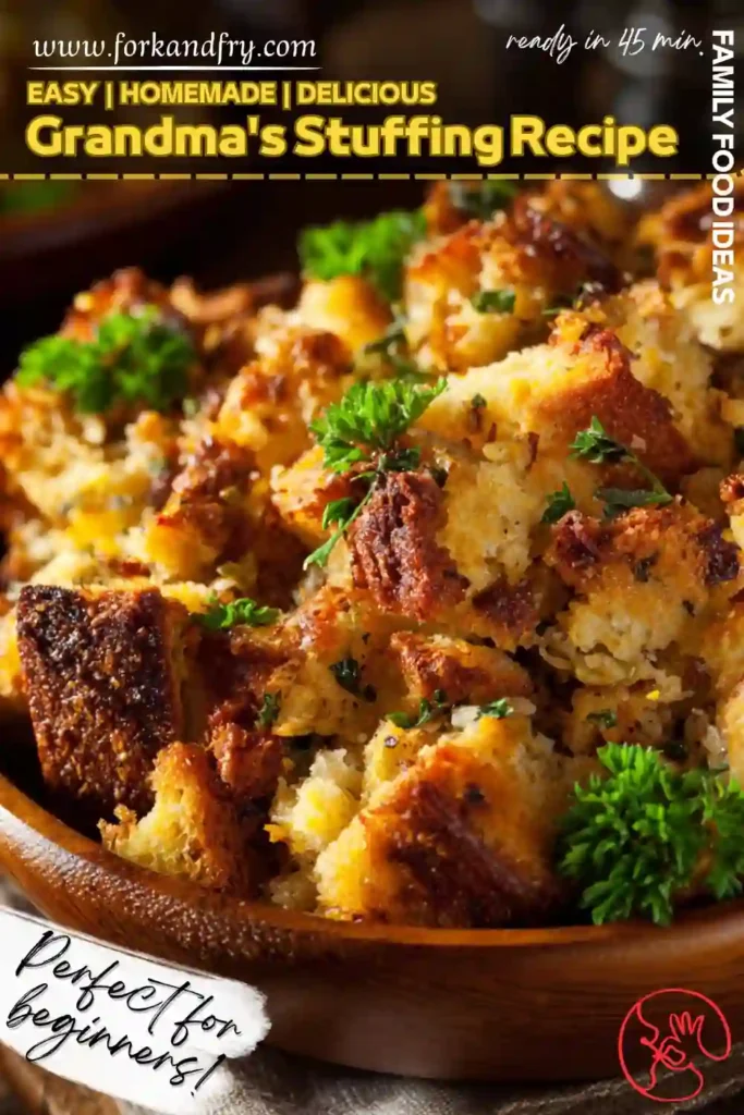 Grandma's Easy Stuffing Recipe for Beginners golden baked bread stuffing in wooden bowl with parsley garnish