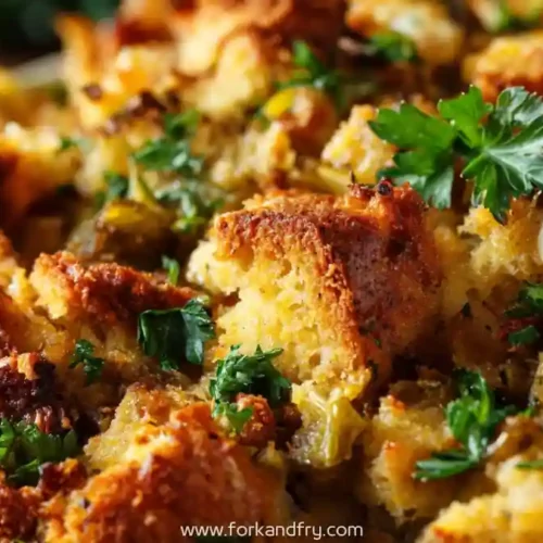 closeup of golden crispy stuffing with fresh parsley and diced vegetables