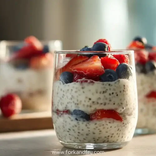 layered chia pudding with Greek yogurt, strawberries, and blueberries in glass cups