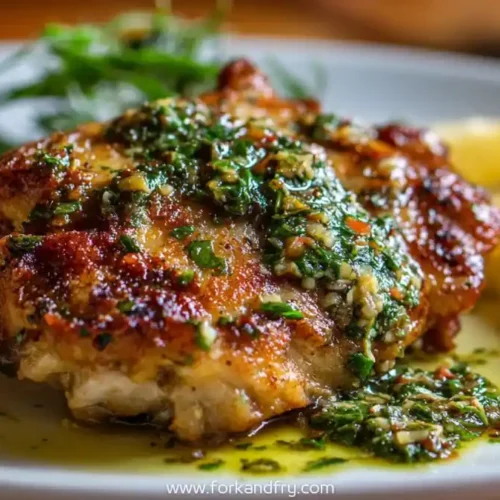 Grilled chicken thigh with golden crust, topped with salmoriglio sauce and lemon wedges