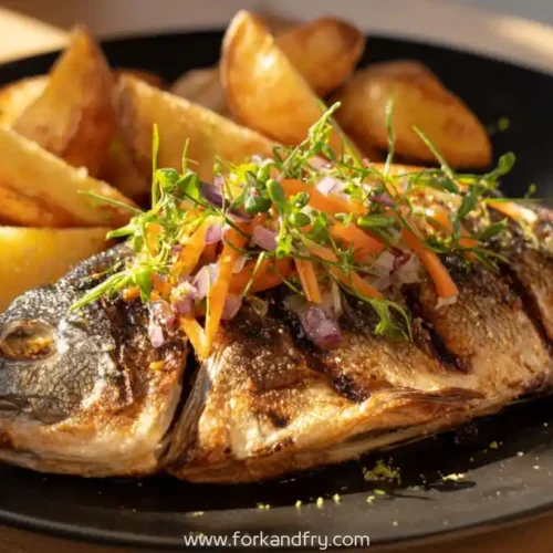 Whole grilled sea bream with crispy skin, garnished with carrots, microgreens, and potato wedges on a black plate