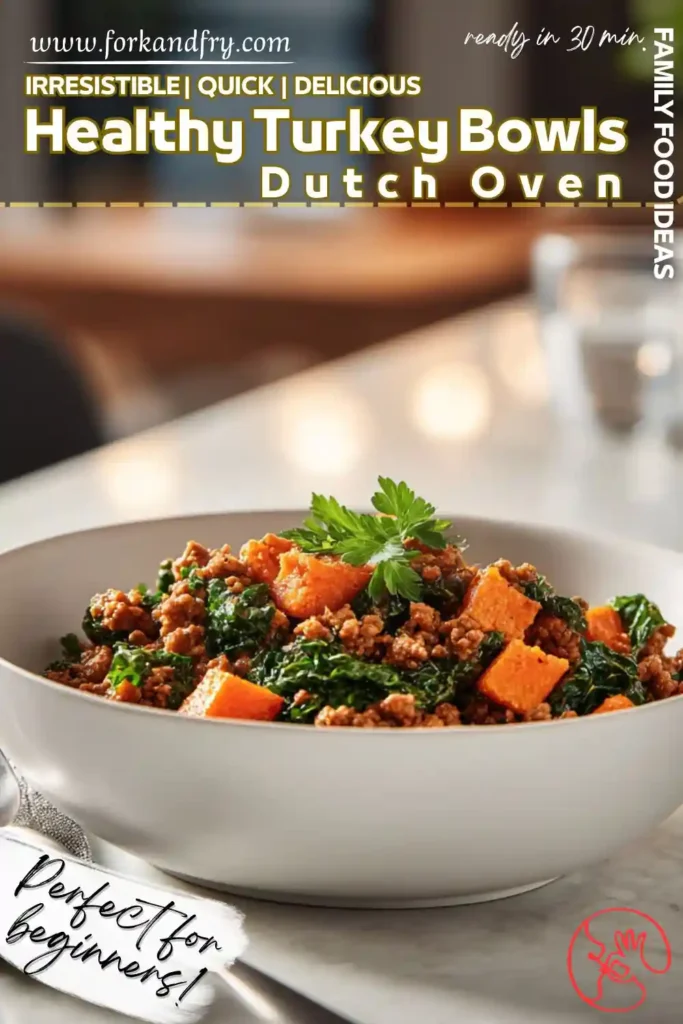 Ground turkey kale and sweet potato bowl in white dish styled vertically with bold Pinterest overlay