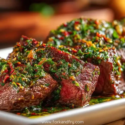 Sliced beef tenderloin roast with herb butter and chimichurri on white platter