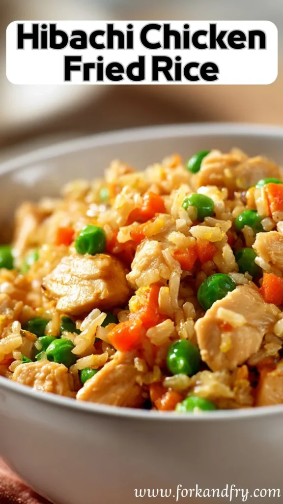 Close-up of hibachi chicken fried rice with peas and carrots in a bowl, Japanese-style quick stir-fry dish.