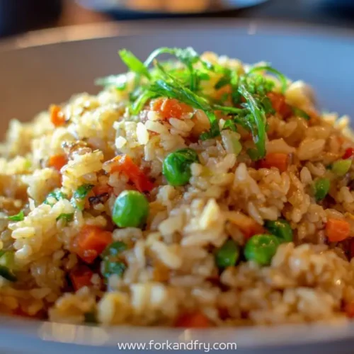 Closeup of hibachi style fried rice with peas carrots and scallions served in a grey bowl