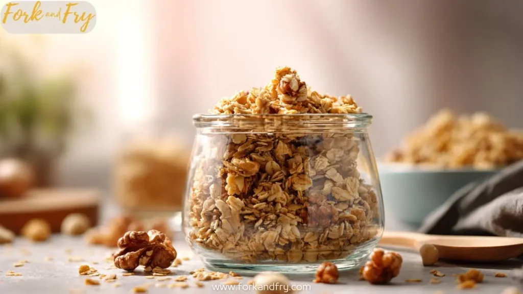 Glass jar filled with crunchy homemade granola, surrounded by walnuts, oats, and a wooden spoon