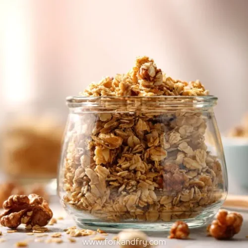 Glass jar filled with crunchy homemade granola, surrounded by walnuts, oats, and a wooden spoon