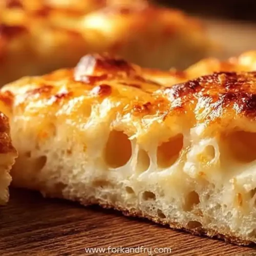 close-up of airy golden pizza dough slice with crisp cheese crust on wooden board