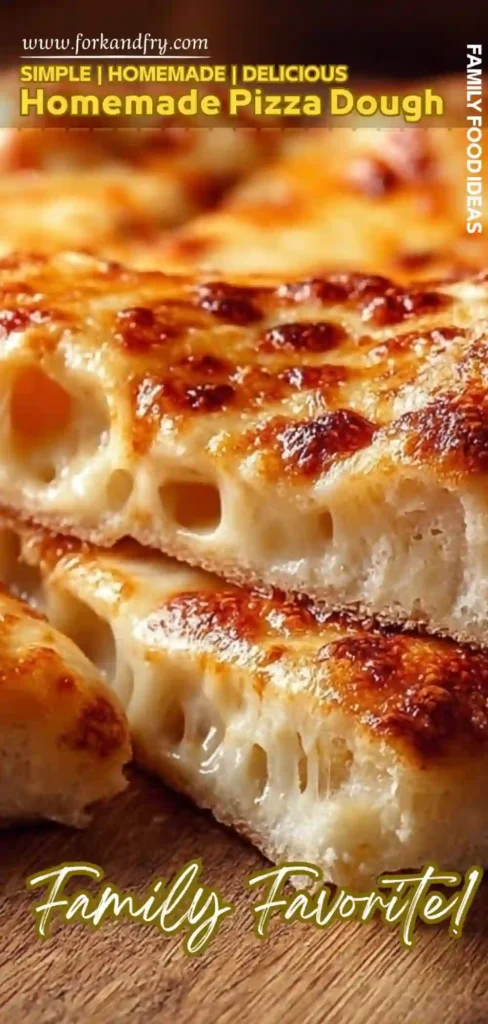 Cheesy Homemade Pizza Dough Everyone Will Love vertical close-up of bubbly cheese crust on homemade pizza dough with text overlay