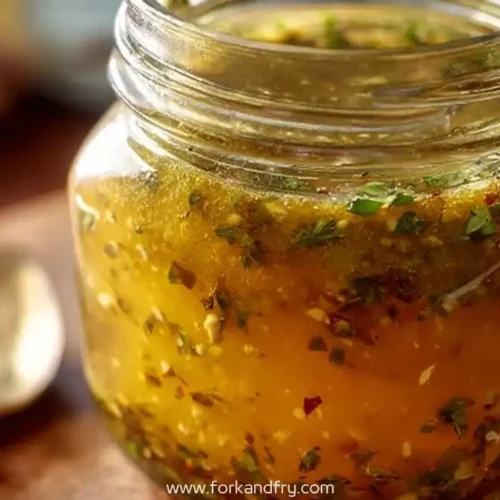 Homemade Italian dressing in a mason jar with herbs, garlic, and spices on a wooden surface