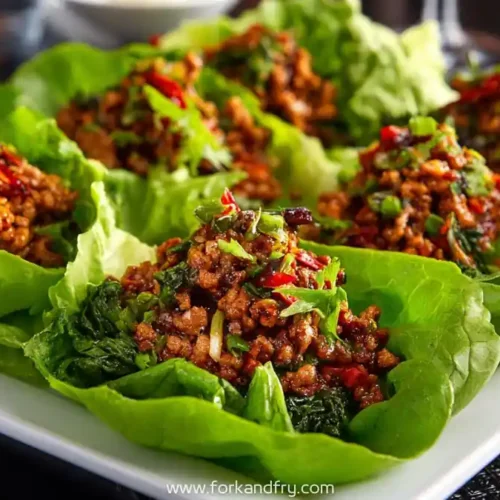 Asian-style lettuce wraps filled with savory minced meat, green onions, and red chili on a white plate