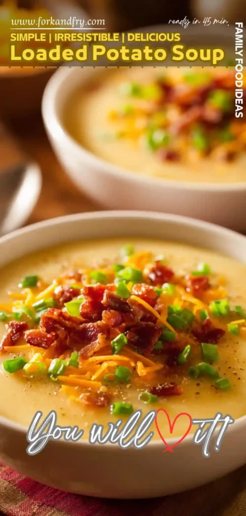 Loaded Potato Soup Recipe with Crispy Bacon and Cheddar loaded potato soup in bowl topped with crispy bacon, shredded cheddar, and chopped green onions
