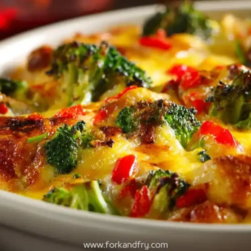 Cheesy low carb chicken casserole with broccoli and red bell peppers in a white baking dish