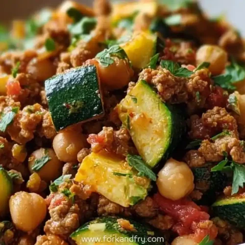 hearty Mediterranean chickpea bowl with zucchini, ground beef, tomato, and fresh parsley