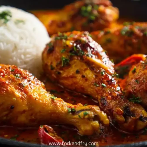Spicy Nigerian chicken drumsticks in red stew with white rice on a black plate