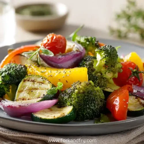 Colorful oven-roasted vegetable medley with broccoli, zucchini, peppers, and cherry tomatoes on a gray plate