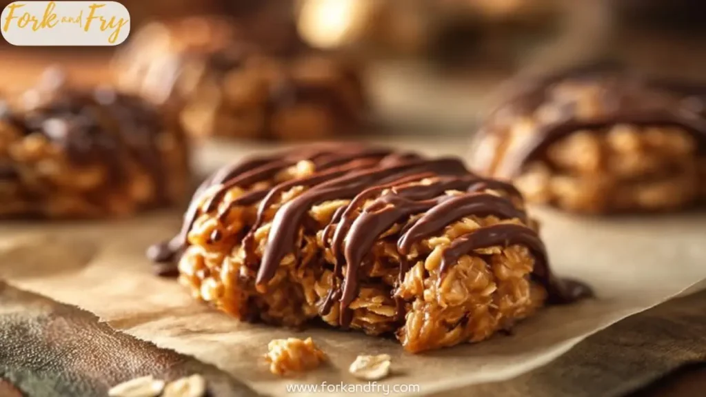 Chewy oat cookie topped with chocolate drizzle and caramelized peanut butter, perfect for dessert lovers