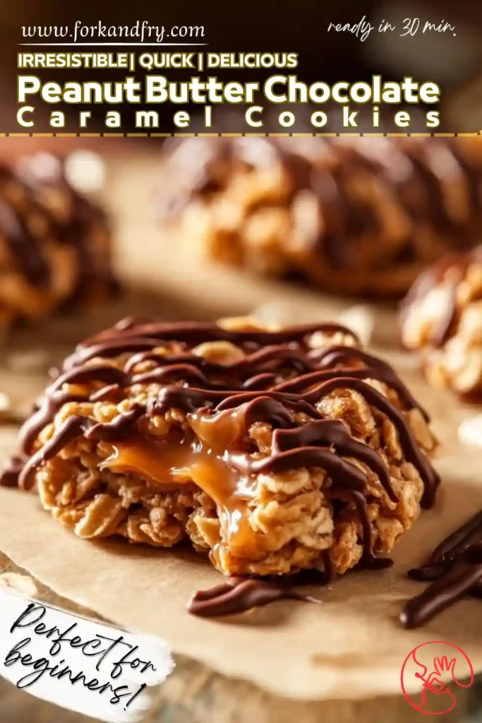 Drizzled peanut butter chocolate caramel cookie with gooey center on parchment paper styled for Pinterest