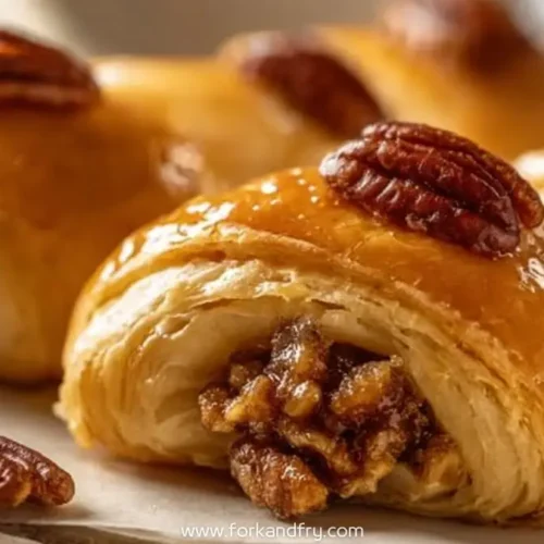 Flaky pecan pie crescent rolls topped with glazed pecans on parchment paper
