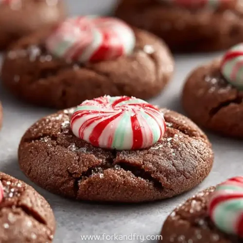 close-up of chocolate blossom cookies topped with red white green peppermint candies