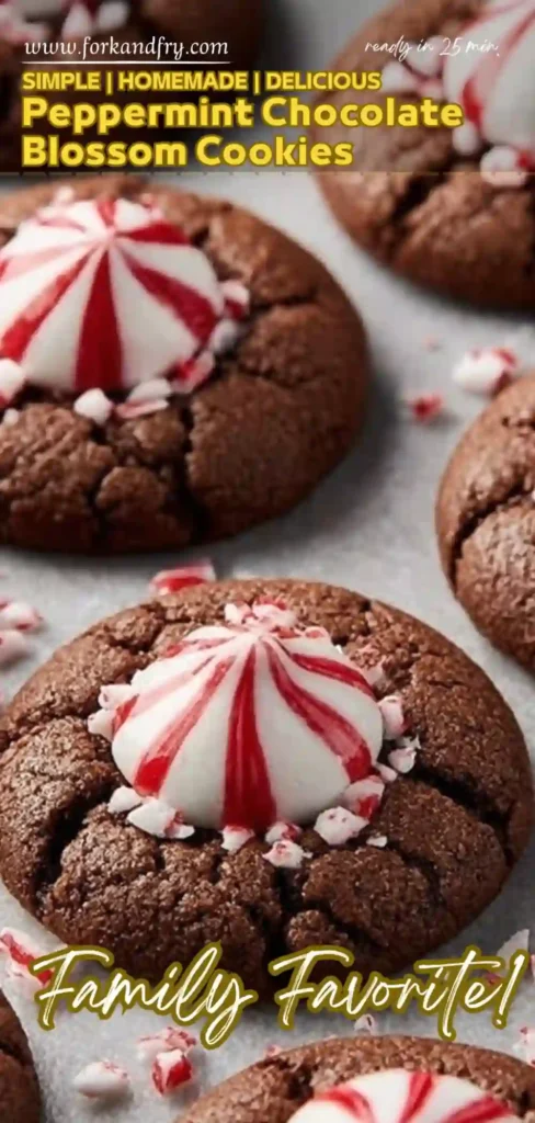 vertical chocolate peppermint cookies with crushed candy topping and holiday text overlaynnTitle: Holiday Peppermint Chocolate Blossom Cookies