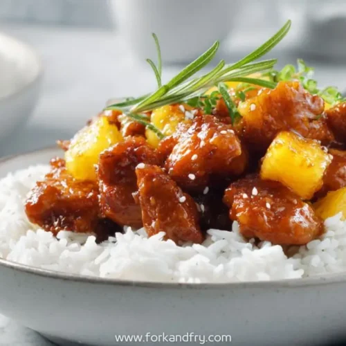 sticky pineapple chicken over white rice garnished with rosemary and sesame seeds