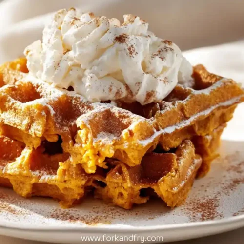 Pumpkin waffles topped with whipped cream and cinnamon on a white plate