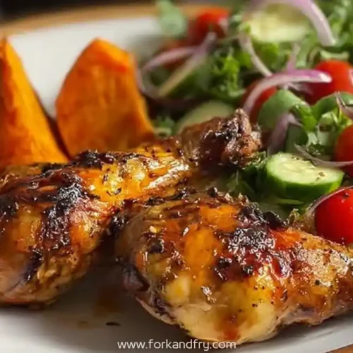 Grilled chicken drumsticks served with roasted sweet potatoes and fresh salad of cherry tomatoes cucumber and red onion