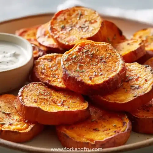 roasted sweet potato rounds served with creamy yogurt herb dip