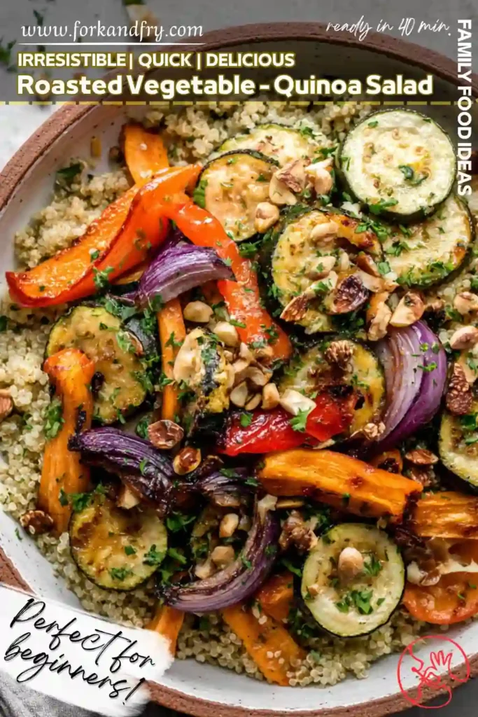 Easy Roasted Vegetable Quinoa Salad for Meal Prep vertical roasted vegetable quinoa salad with zucchini peppers carrots and nuts with recipe overlay