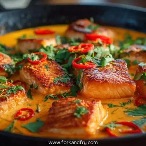 Seared salmon cubes in coconut curry sauce with red chili slices and fresh cilantro in a skillet