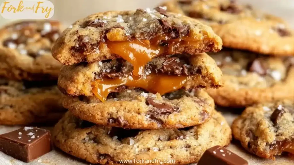 Stack of salted caramel chocolate chip cookies with gooey caramel center and sea salt flakes