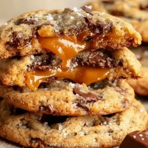 Stack of salted caramel chocolate chip cookies with gooey caramel center and sea salt flakes