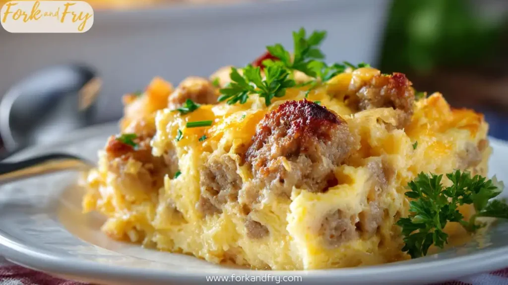 Cheesy sausage and egg breakfast casserole topped with fresh herbs on a white plate