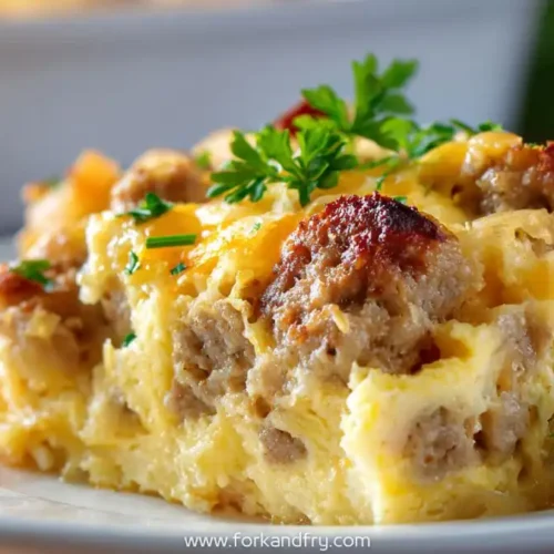 Cheesy sausage and egg breakfast casserole topped with fresh herbs on a white plate