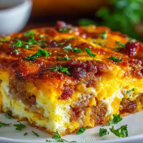 Cheesy sausage and egg breakfast casserole topped with parsley on a white plate