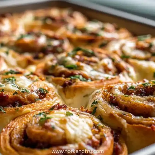 tray of golden baked savory breakfast rolls with cheese and herbs
