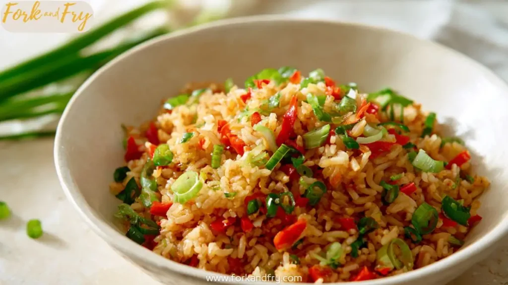 Spicy schezwan fried rice topped with chopped spring onions in a white ceramic bowl