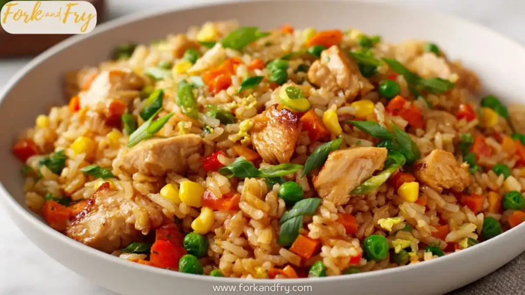 skillet chicken fried rice with carrots, peas, corn and scallions in a large white bowl