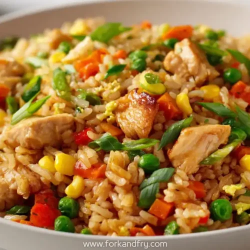 skillet chicken fried rice with carrots, peas, corn and scallions in a large white bowl